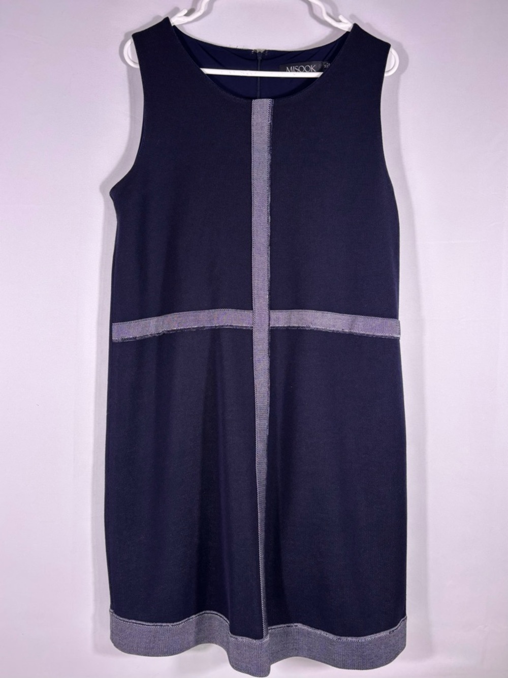 Misook Navy Knit Shift Dress Sleeveless Structured Career Minimalist Chic Medium